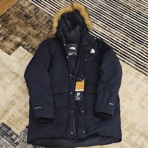 The North Face Men's Dark Blue Puffer Coat with Fur Trim